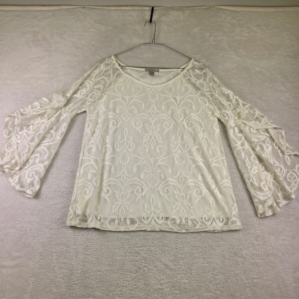 Roz & Ali Cream Lace Bell Sleeve Blouse Petite XL Ivory Damask Top PXL